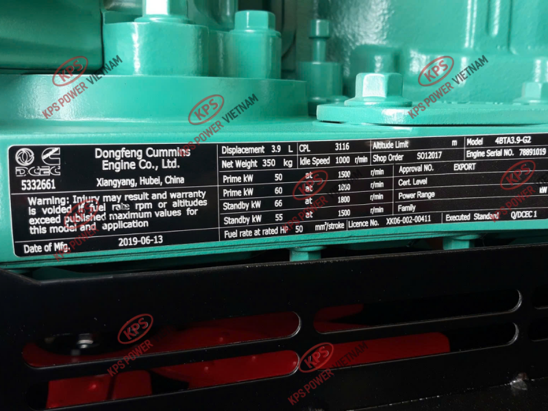 Máy phát điện Cummins 55kVA động cơ 4BTA3.9-G2